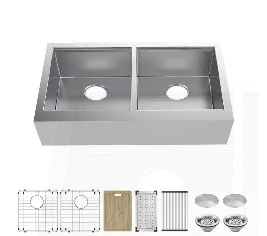 Glacier Bay Zero Radius 33 in. Apron-Front Double Bowl 16G Stainless Steel Workstation Kitchen Sink with Accessories